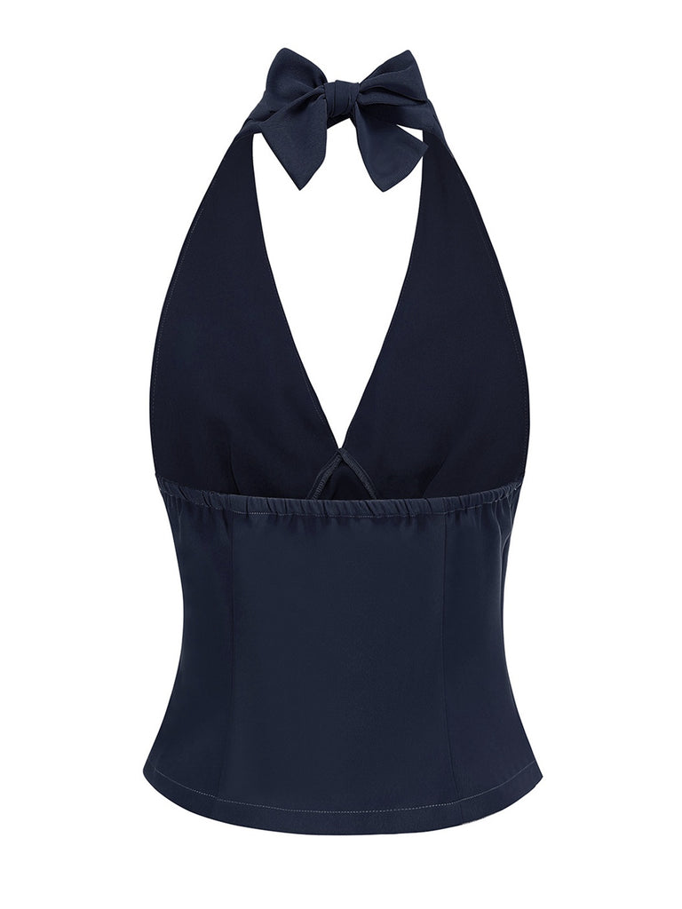 1950s Solid Sleeveless Halter Ruched Top - vintage fashion, retro style