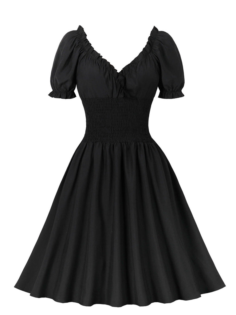 1950s Solid Smocked Waist Off-Shoulder Dress: timeless style reimagined