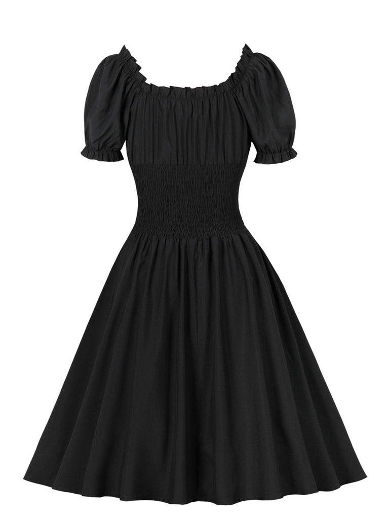 1950s Solid Smocked Waist Off-Shoulder Dress: timeless style reimagined