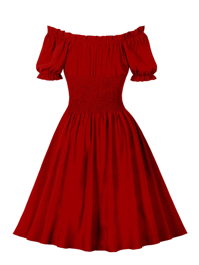 1950s Solid Smocked Waist Off-Shoulder Dress: timeless style reimagined