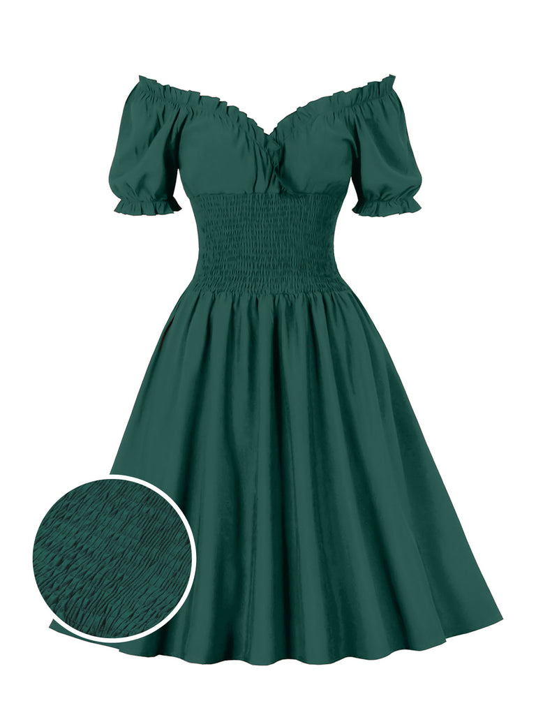 1950s Solid Smocked Waist Off-Shoulder Dress — vintage elegance for the modern woman
