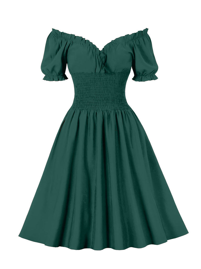 1950s Solid Smocked Waist Off-Shoulder Dress: timeless style reimagined