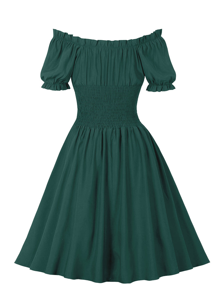 1950s Solid Smocked Waist Off-Shoulder Dress — vintage elegance for the modern woman