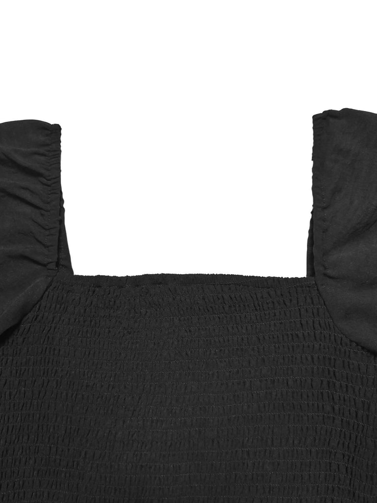 1950s Solid Square Neck Smocked Long Jumpsuit - vintage jumpsuit, retro fashion