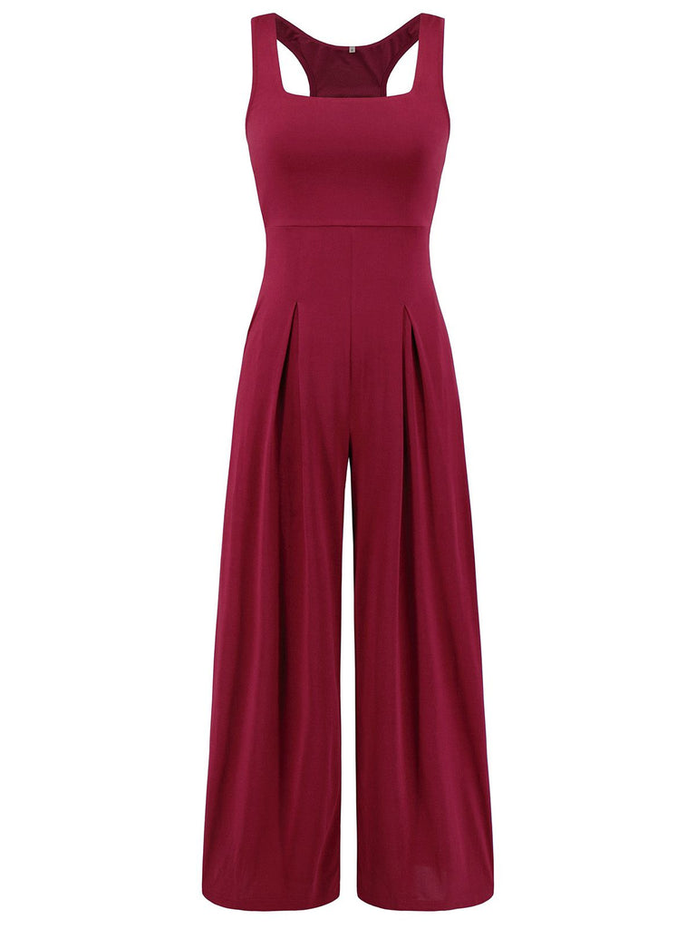 1950s Solid Square Neck Wide Strap Jumpsuit - vintage jumpsuit, retro fashion