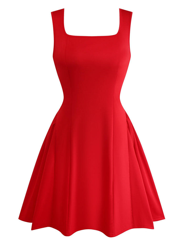 1950s Solid Square Neck Wide Strap Ruched Dress - vintage dress, retro fashion, rockabilly