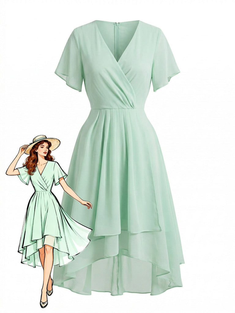 1950s Solid V-Neck Ruffle Sleeve Chiffon Asymmetrical Dress | Retro Stage