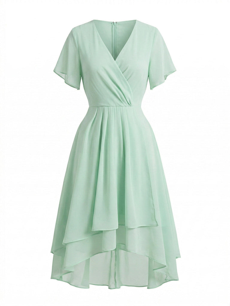 1950s Solid V-Neck Ruffle Sleeve Chiffon Asymmetrical Dress