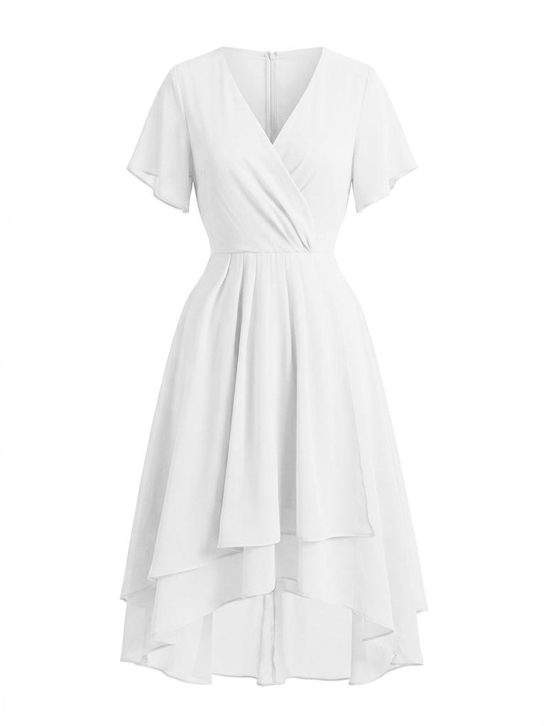 1950s Solid V-Neck Ruffle Sleeve Chiffon Asymmetrical Dress | Retro Stage 1950s Solid V-Neck Ruffle Sleeve Chiffon Asymmetrical Dress | Retro Stage