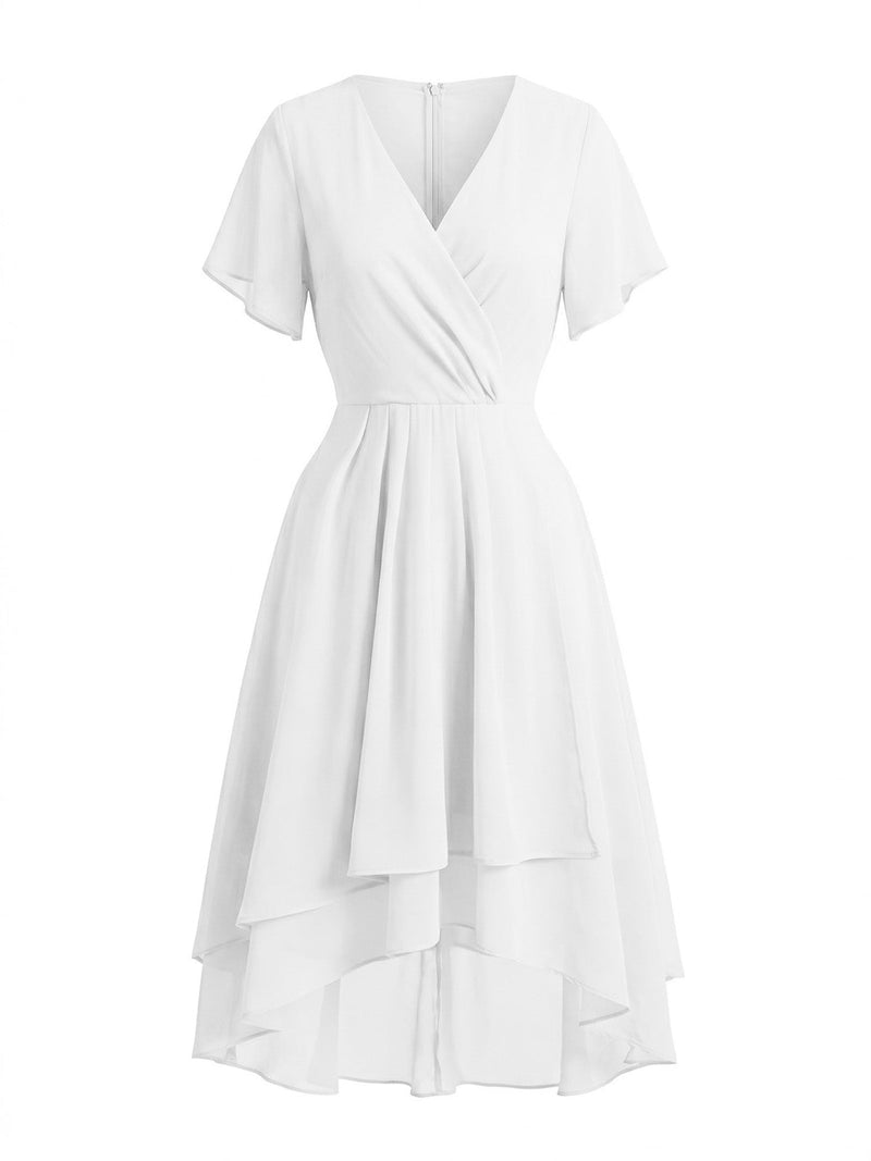 1950s Solid V-Neck Ruffle Sleeve Chiffon Asymmetrical Dress