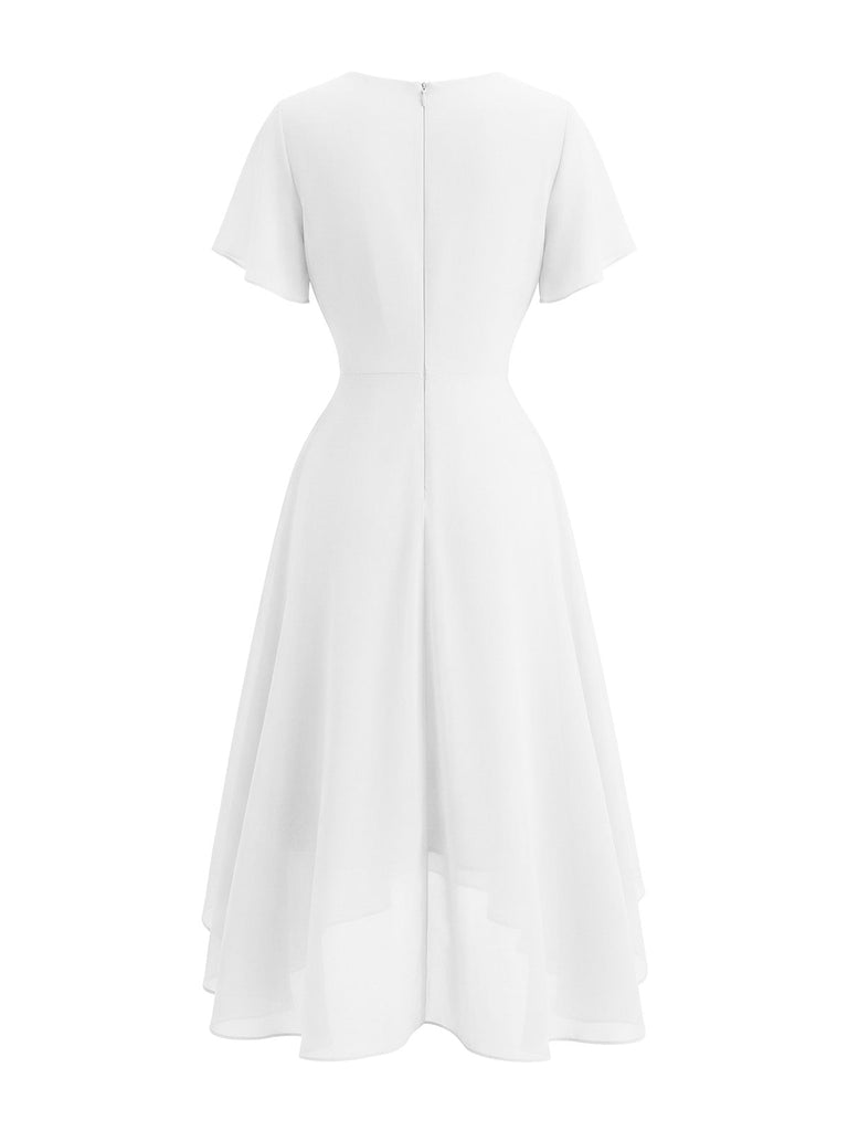 1950s Solid V-Neck Ruffle Sleeve Chiffon Asymmetrical Dress | Retro Stage 1950s Solid V-Neck Ruffle Sleeve Chiffon Asymmetrical Dress | Retro Stage