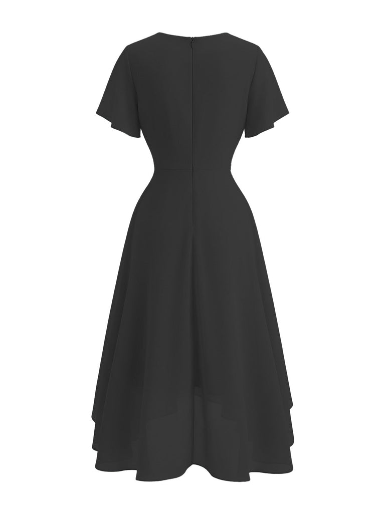 1950s Solid V-Neck Ruffle Sleeve Chiffon Asymmetrical Dress
