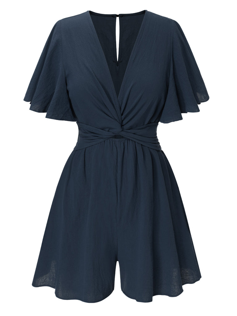 1950s Solid V-Neck Cotton Flounce Sleeve Romper, vintage romper, retro jumpsuit - perfect for women who love vintage and retro fashion