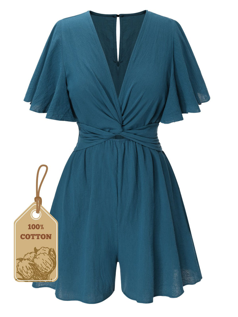 She finds her 1950s story in this 1950s Solid V-Neck Cotton Flounce Sleeve Romper