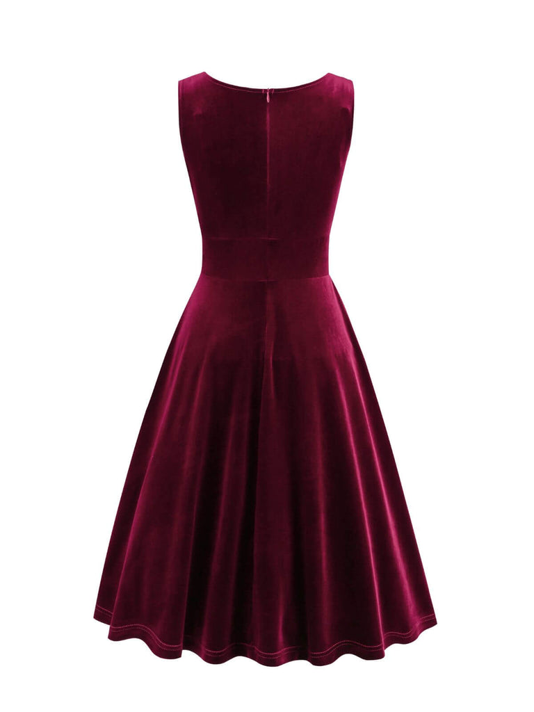 velvet dress for women 1950s Solid V-Neck Pleated Velvet Dress