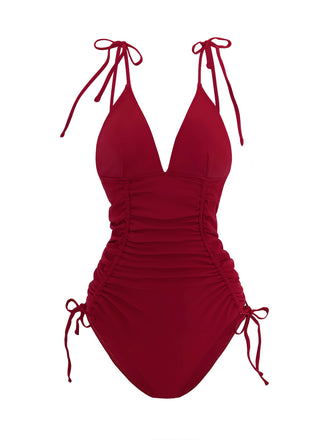 1950s Solid V-Neck Ruched One-Piece Swimsuit - vintage swimsuit, pin-up style