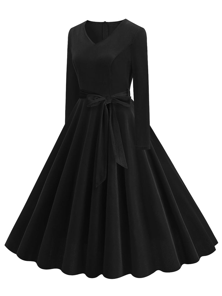 1950s Solid Velvet V-Neck Swing Dress: where 1950s romance meets her modern spirit