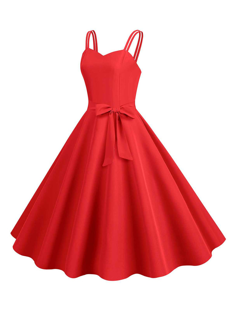 1950s Spaghetti Strap Bow Decor Solid Dress, vintage dress, retro fashion, rockabilly, pin-up fashion - perfect for women who love vintage and retro fashion