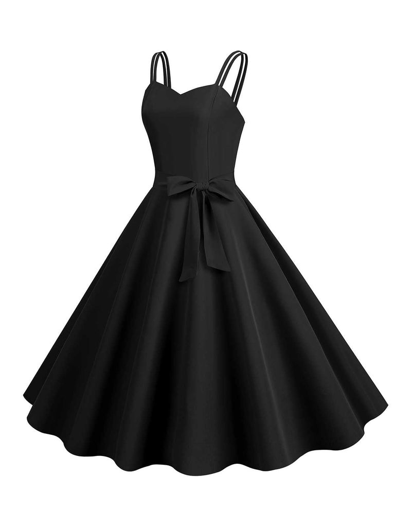 1950s Spaghetti Strap Bow Decor Solid Dress, vintage dress, retro fashion, rockabilly, pin-up fashion - perfect for women who love vintage and retro fashion