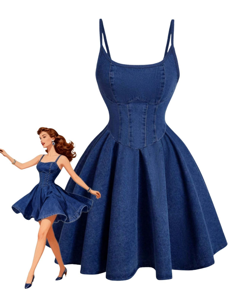 spaghetti strap denim dress Lace-Up Pleated Mini A-Line Medium Wash Fabric Contents 1950s Spaghetti Strap Corset Denim