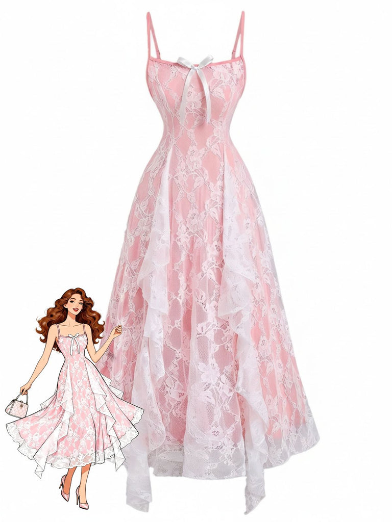 1950s Spaghetti Strap Floral Lace Ruffle Trim Bow Dress, vintage dress, retro fashion, rockabilly, pin-up fashion - perfect for women who love vintage and retro fashion