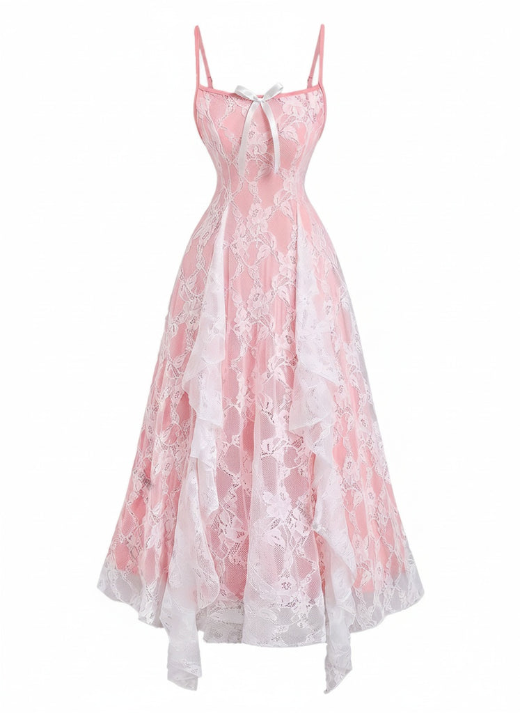 1950s Spaghetti Strap Floral Lace Ruffle Trim Bow Dress, vintage dress, retro fashion, rockabilly, pin-up fashion - perfect for women who love vintage and retro fashion
