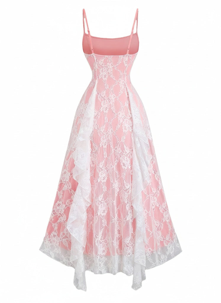 1950s Spaghetti Strap Floral Lace Ruffle Trim Bow Dress, vintage dress, retro fashion, rockabilly, pin-up fashion - perfect for women who love vintage and retro fashion