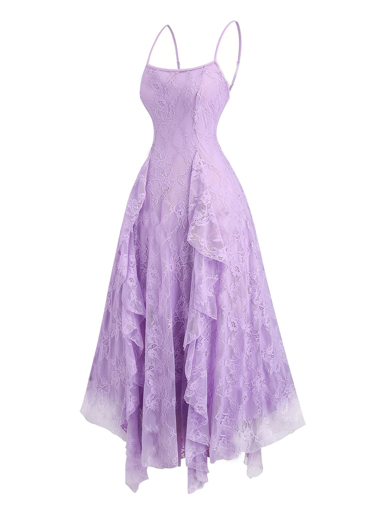 1950s Spaghetti Strap Floral Lace Ruffle Trim Bow Dress, vintage dress, retro fashion, rockabilly, pin-up fashion - perfect for women who love vintage and retro fashion