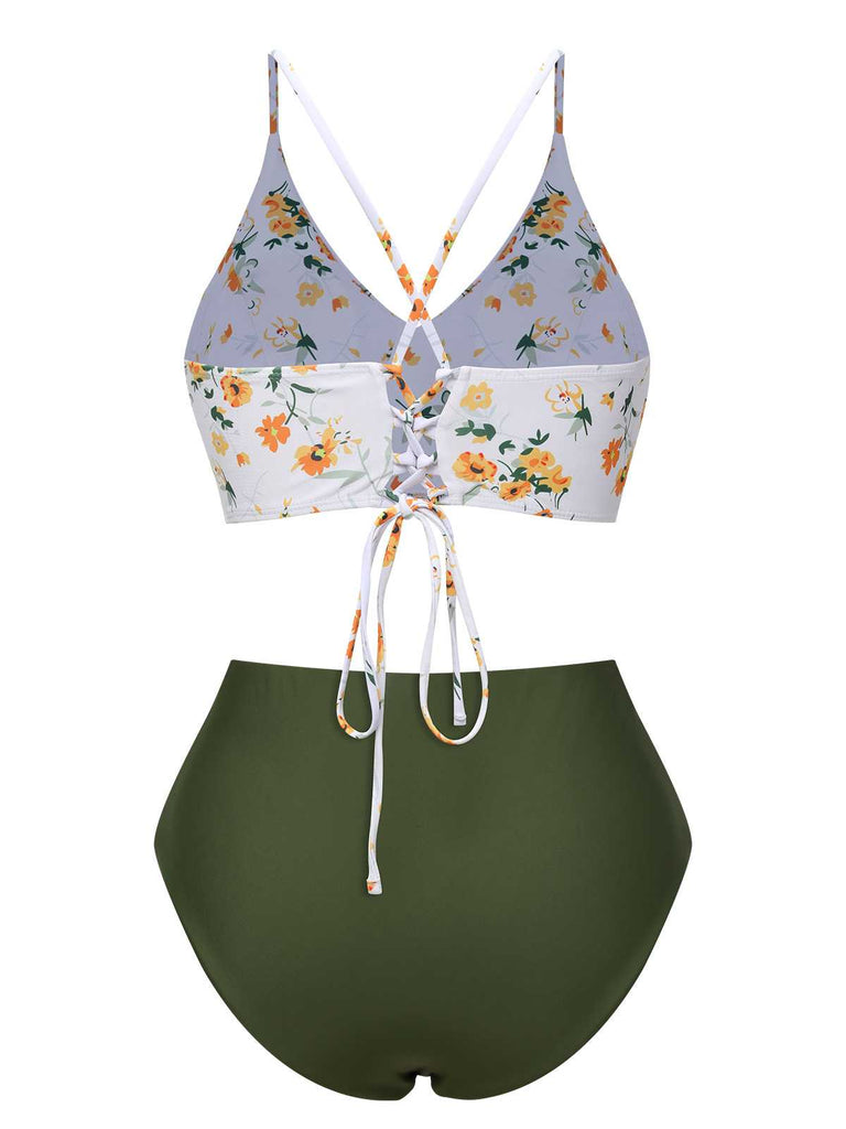This 1950s Spaghetti Strap Floral Swimsuit carries 1950s vacation dreams in every stitch