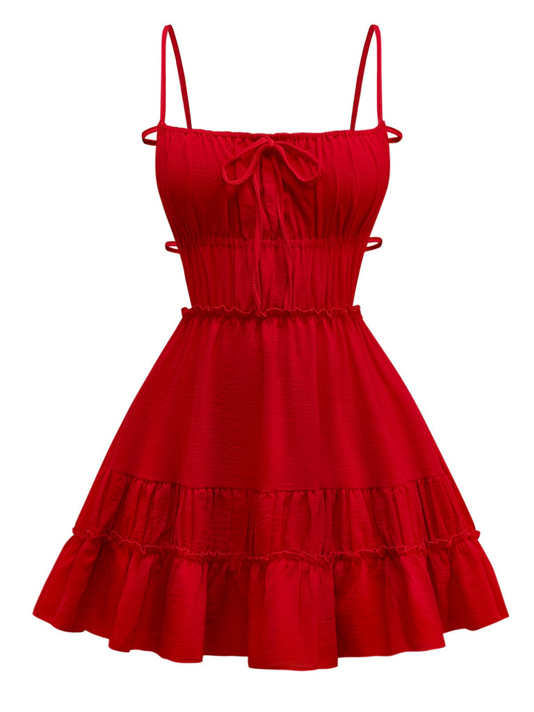 Retro Stage Red Smocked Bodice Tiered Mini Babydoll Dress