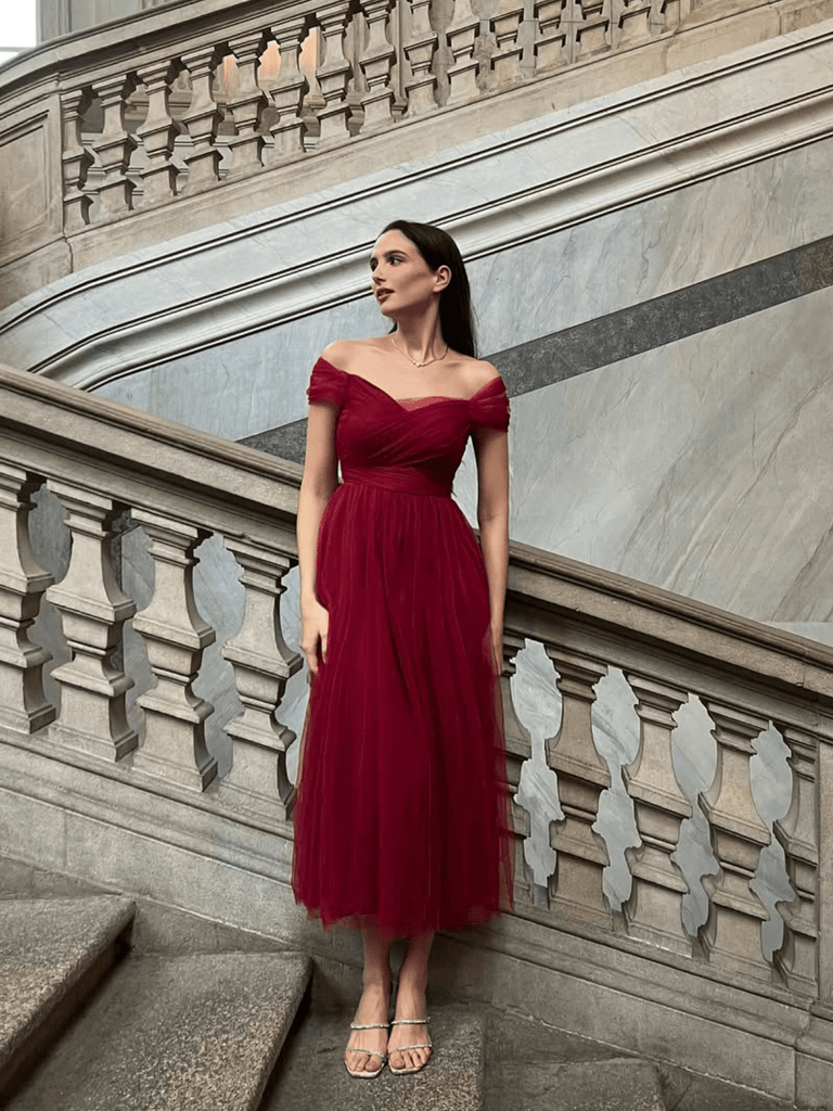 1950s Spaghetti Strap Off-Shoulder Mesh Dress
