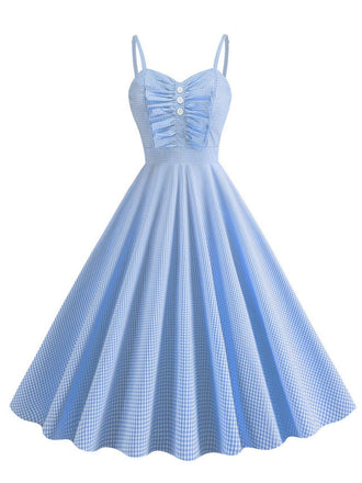 1950s Spaghetti Strap Plaids Button Swing Dress - vintage dress, retro fashion, rockabilly