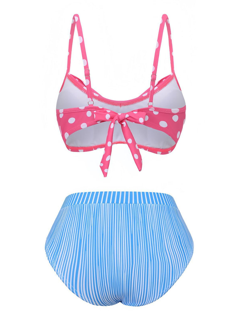 1950s Spaghetti Strap Polka Dot Striped Bow Bikini Set - vintage fashion, retro style