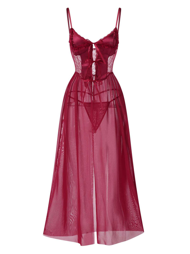 1950s Spaghetti Strap Sheer Lace Satin Bow Nightgown: where 1950s romance meets her modern spirit