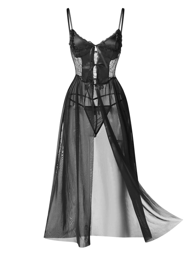 She slips into this 1950s Spaghetti Strap Sheer Lace Satin Bow Nightgown and suddenly it's a 1950s daydream