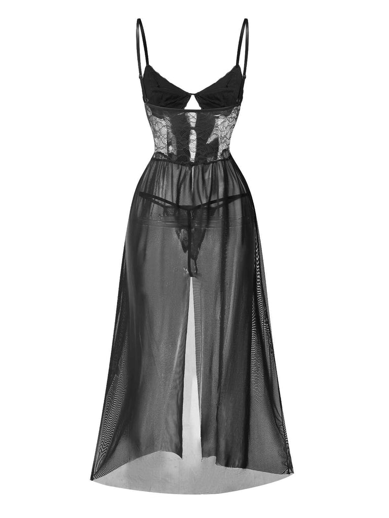 This 1950s Spaghetti Strap Sheer Lace Satin Bow Nightgown wraps her in 1950s elegance, one twirl at a time