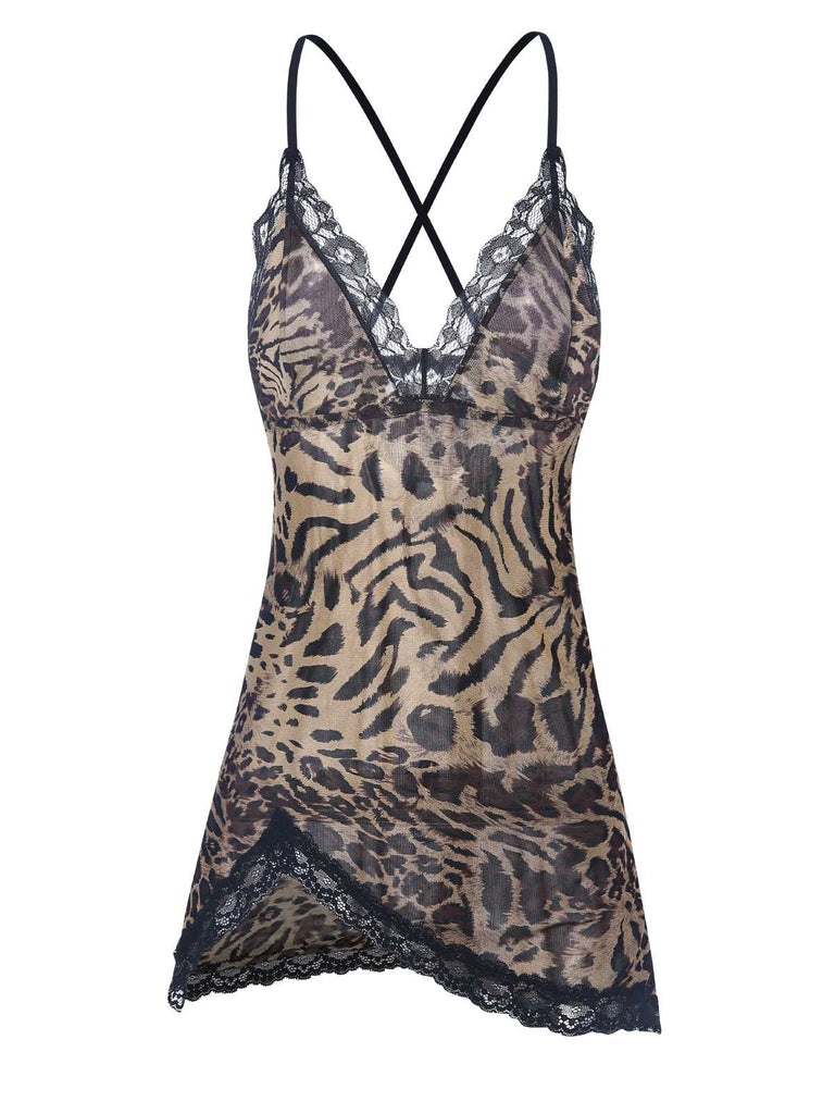 She slips into this 1950s Spaghetti Strap Slit Leopard Lace Nightgown and suddenly it's a 1950s daydream