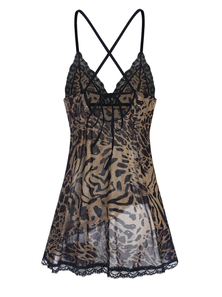 This 1950s Spaghetti Strap Slit Leopard Lace Nightgown wraps her in 1950s elegance, one twirl at a time