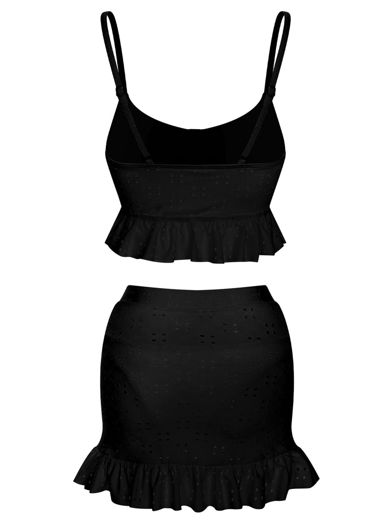 1950s Spaghetti Strap Solid Ruffles Swimsuit & Cover-Up, vintage swimsuit, pin-up swimwear - perfect for women who love vintage and retro fashion