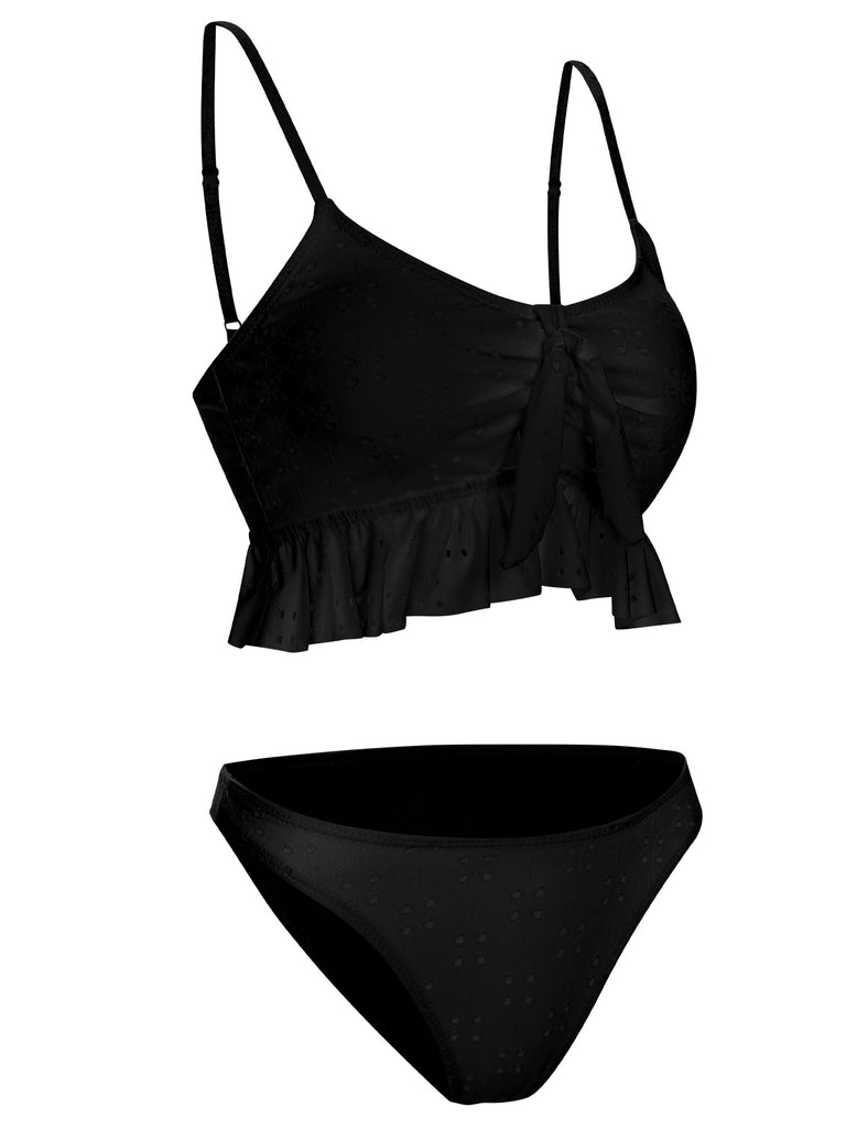 1950s Spaghetti Strap Solid Ruffles Swimsuit & Cover-Up, vintage swimsuit, pin-up swimwear, retro beach style, women, elegant