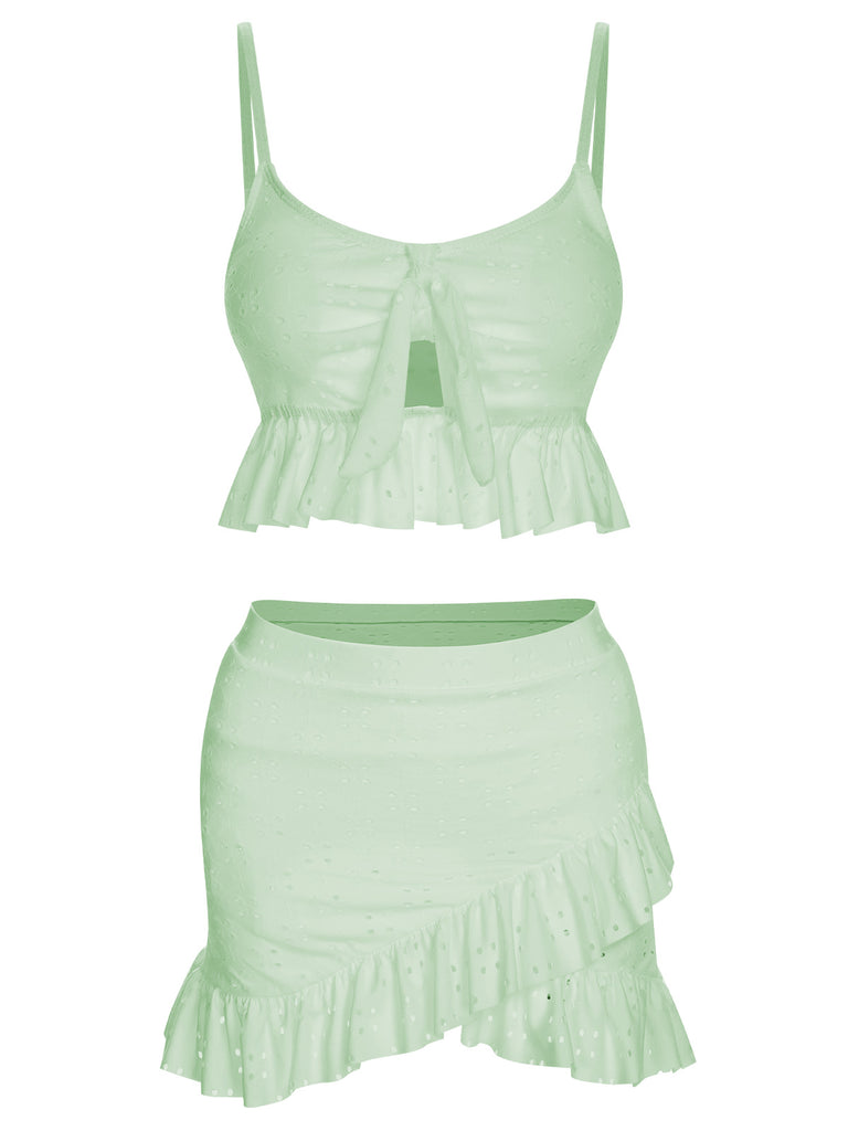 1950s Spaghetti Strap Solid Ruffles Swimsuit & Cover-Up, vintage swimsuit, pin-up swimwear, retro beach style, women, elegant