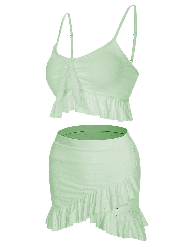 1950s Spaghetti Strap Solid Ruffles Swimsuit & Cover-Up, vintage swimsuit, pin-up swimwear, retro beach style, women, elegant