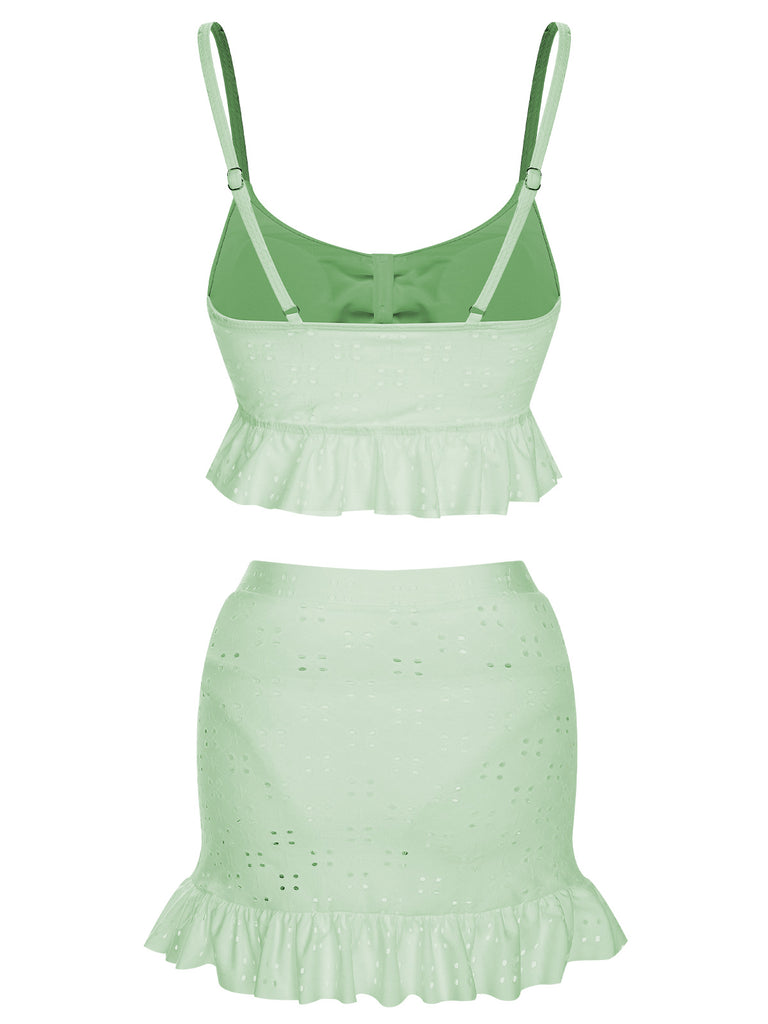 1950s Spaghetti Strap Solid Ruffles Swimsuit & Cover-Up, vintage swimsuit, pin-up swimwear, retro beach style, women, elegant