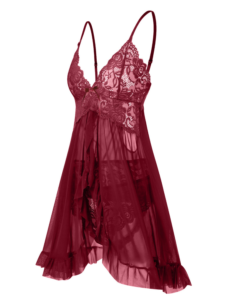 This 1950s Spaghetti Straps Lace Sheer Nightdress wraps her in 1950s elegance, one twirl at a time