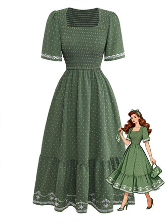 1950s Square Neck A-Line Short Sleeve Dress
