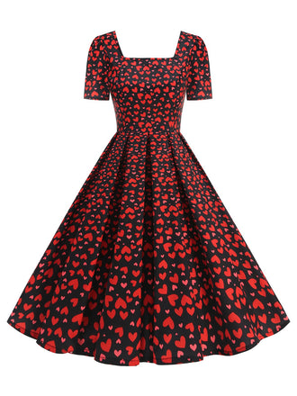 She slips into this 1950s Square Neck Heart Dots Dress and suddenly it's a 1950s daydream
