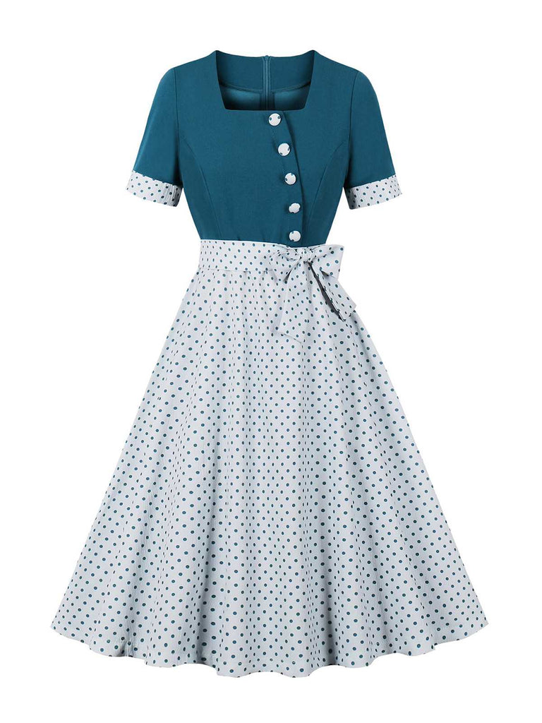 She slips into this 1950s Square Neck Polka Dots Bow Dress and suddenly it's a 1950s daydream