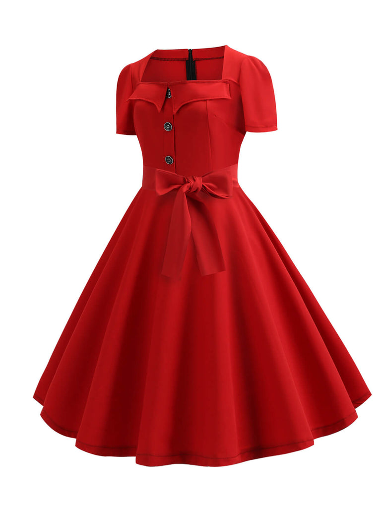 1950s Square Neck Short Sleeves Dress — a 1950s silhouette that turns sidewalks into runways