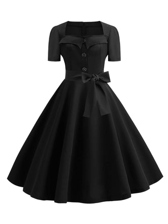 She slips into this 1950s Square Neck Short Sleeves Dress and suddenly it's a 1950s daydream