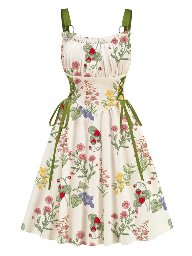 slim fit dress slacks 1950s Strap Floral Lace-Up Corset Dress